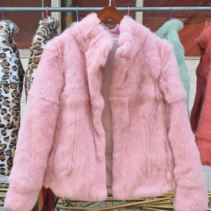 Women’s Black Rabbit Fur & Leather Winter Coat – Elegant Bolero Jacket