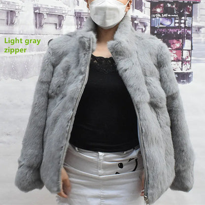 Women’s Black Rabbit Fur & Leather Winter Coat – Elegant Bolero Jacket