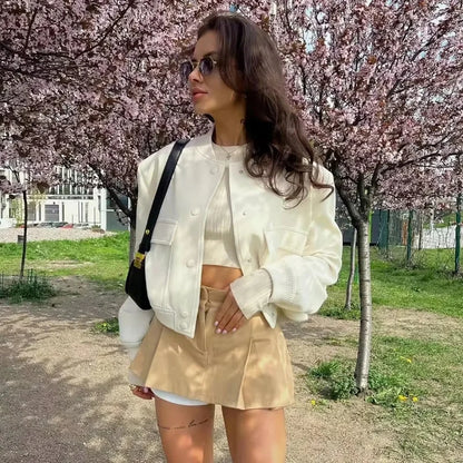 Women’s White Cropped Bomber Jacket – Winter Aviator Style