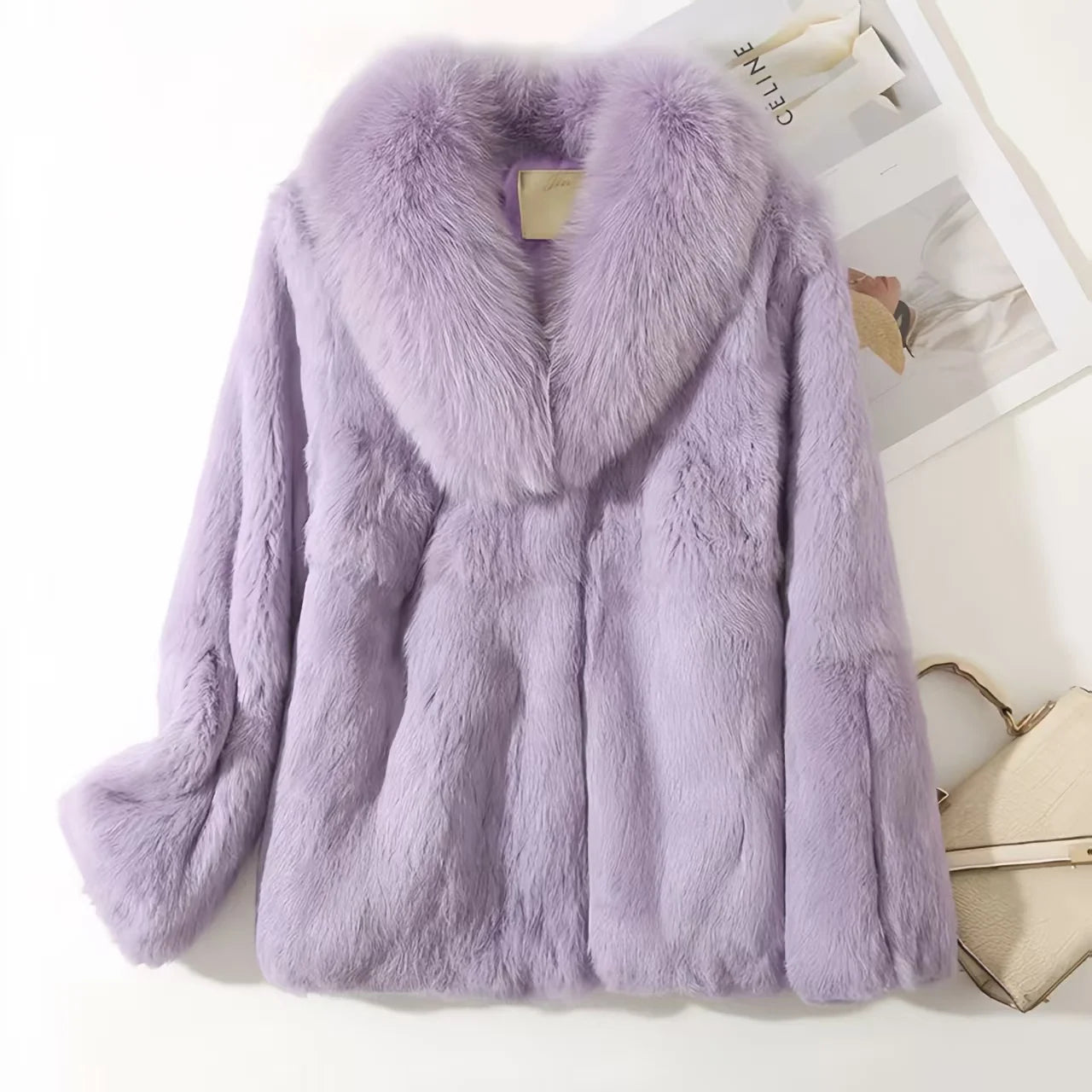 Women’s Rex Rabbit Fur Coat – Short, Warm & Elegant with Fox Fur Collar