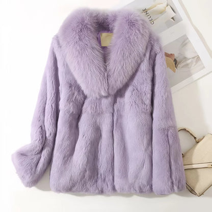 Women’s Rex Rabbit Fur Coat – Short, Warm & Elegant with Fox Fur Collar