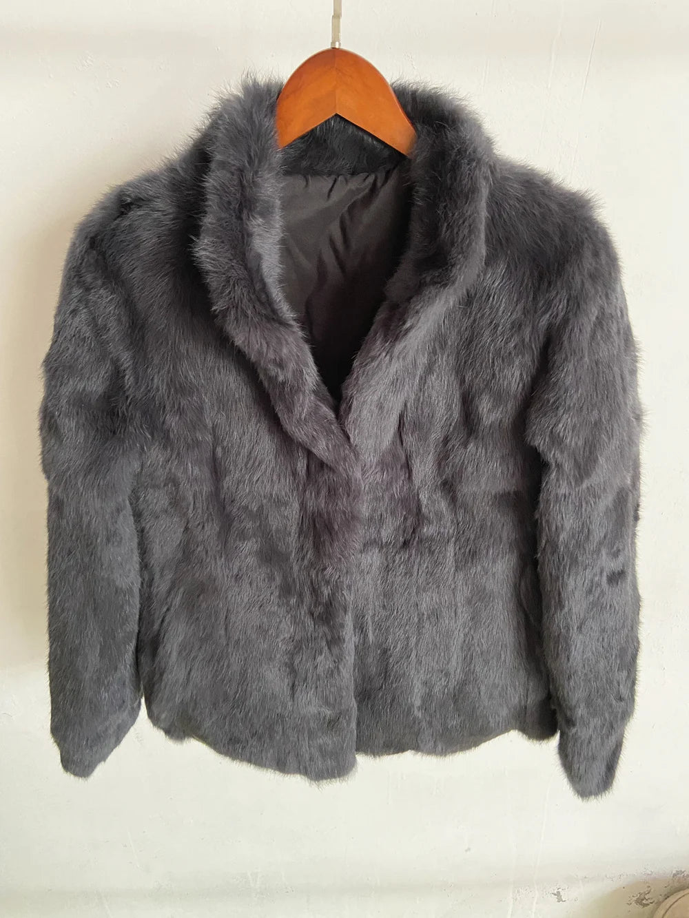 Women’s Black Rabbit Fur & Leather Winter Coat – Elegant Bolero Jacket