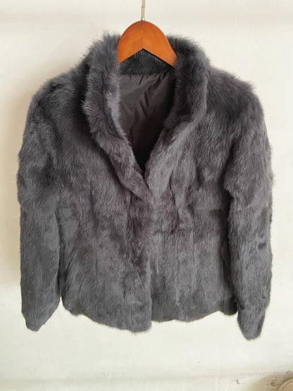 Women’s Black Rabbit Fur & Leather Winter Coat – Elegant Bolero Jacket