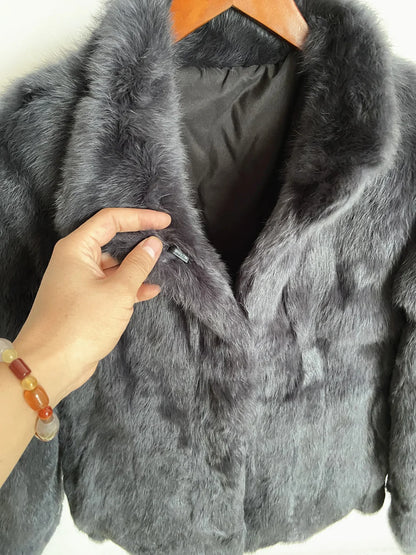 Women’s Black Rabbit Fur & Leather Winter Coat – Elegant Bolero Jacket