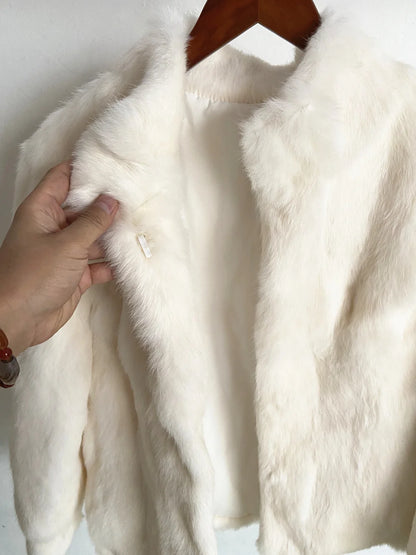 Women’s Black Rabbit Fur & Leather Winter Coat – Elegant Bolero Jacket
