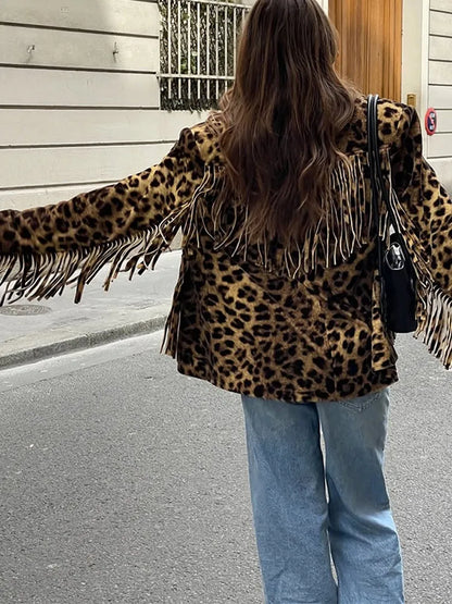 Women’s Retro Leopard Tassel Jacket – Chic & Versatile Streetwear