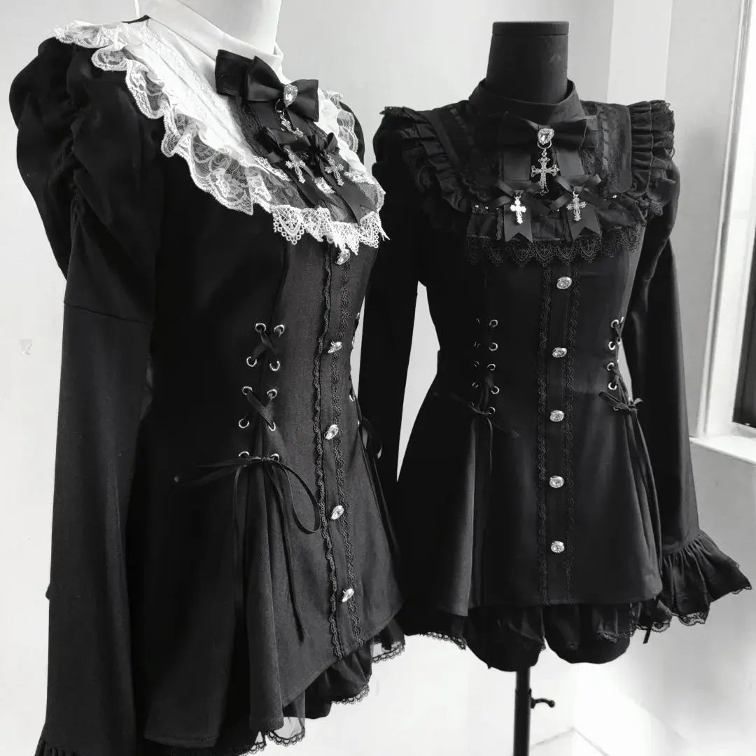Y2K Gothic Lolita Bow Dress Set – Lace Flare Sleeve Mini Party Outfit