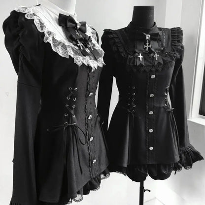 Y2K Gothic Lolita Bow Dress Set – Lace Flare Sleeve Mini Party Outfit