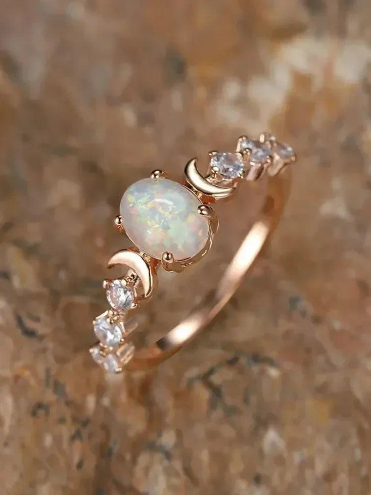 Huitan Blue/White Imitation Opal Moon Rings for Women Aesthetic Wedding Accessories Fancy Anniversary Gift Statement Jewelry Hot