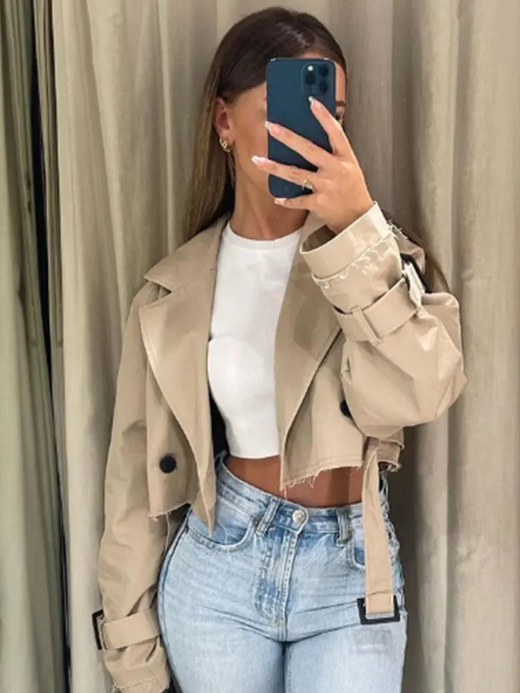 Belted Cropped Trench Jacket – Vintage Streetwear Double Breasted Coat