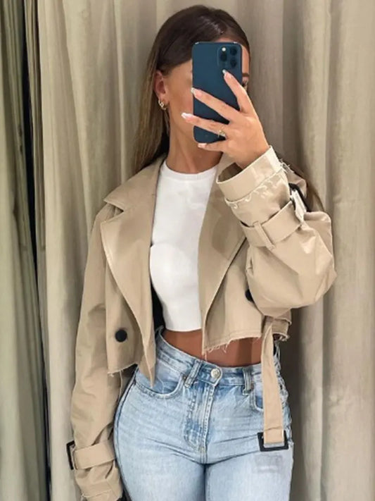 Belted Cropped Trench Jacket – Vintage Streetwear Double Breasted Coat