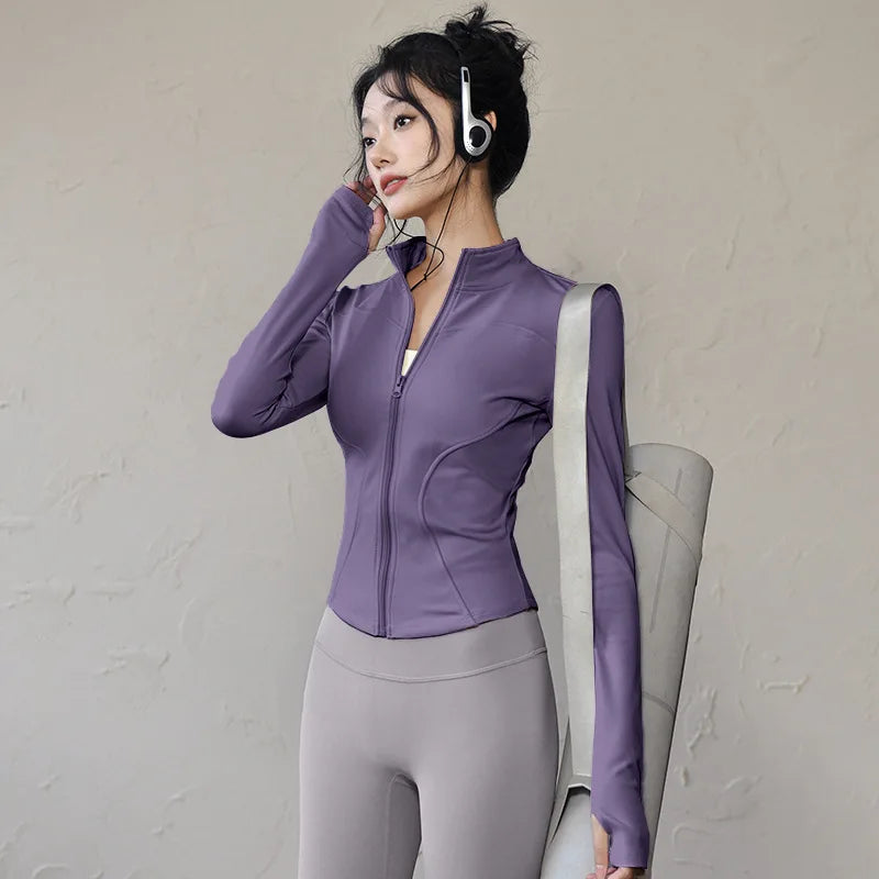 Women’s Long Sleeve Sports Jacket – Zip-Up Fitness, Yoga & Running Activewear