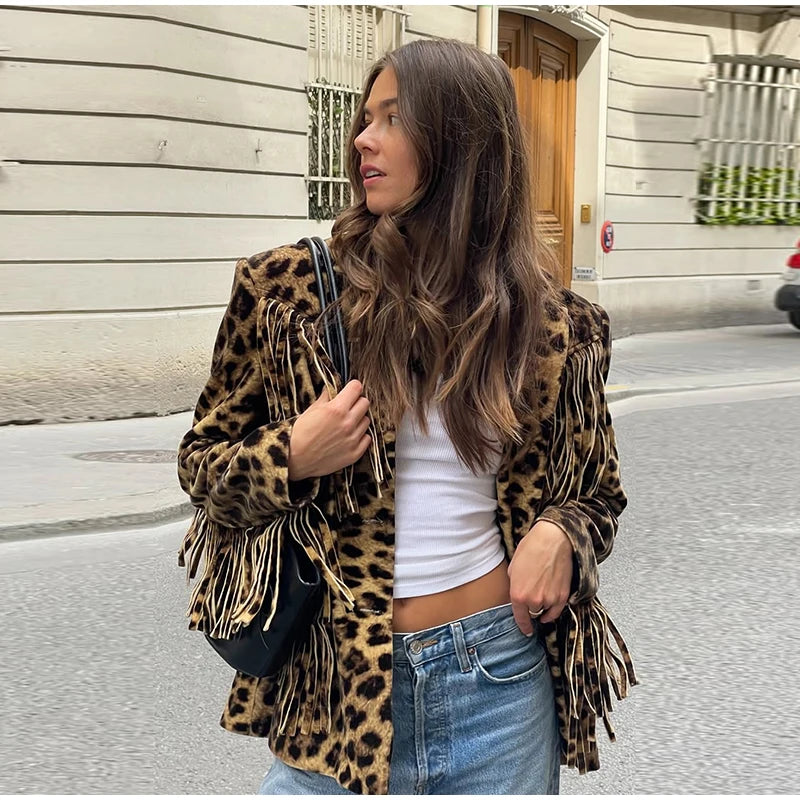 Women’s Retro Leopard Tassel Jacket – Chic & Versatile Streetwear