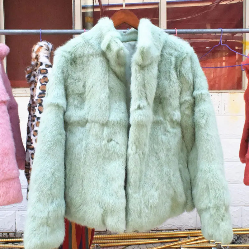 Women’s Black Rabbit Fur & Leather Winter Coat – Elegant Bolero Jacket
