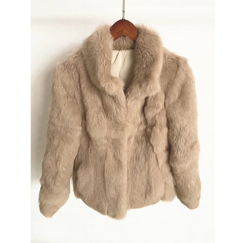Women’s Black Rabbit Fur & Leather Winter Coat – Elegant Bolero Jacket