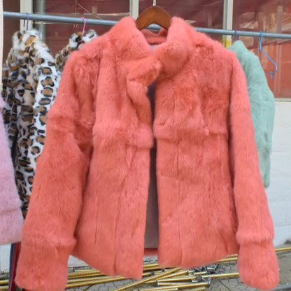 Women’s Black Rabbit Fur & Leather Winter Coat – Elegant Bolero Jacket