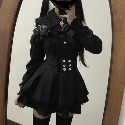 Y2K Gothic Lolita Bow Dress Set – Lace Flare Sleeve Mini Party Outfit