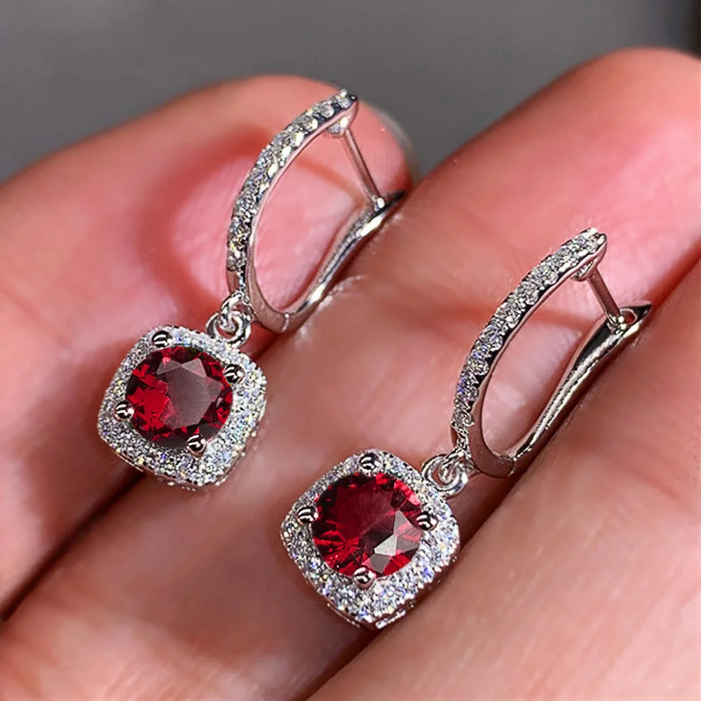 Charm Female White Red Green Blue Zircon Stone Hoop Earrings Silver Color Simple Wedding Jewelry For Women