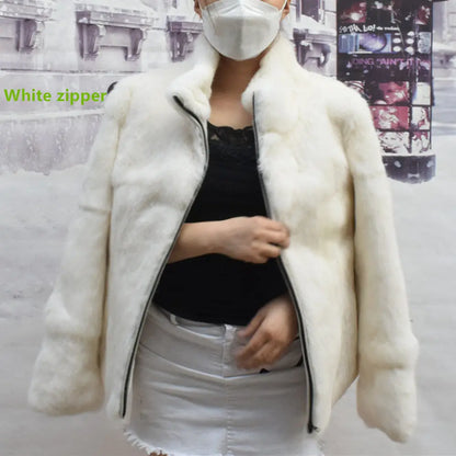 Women’s Black Rabbit Fur & Leather Winter Coat – Elegant Bolero Jacket
