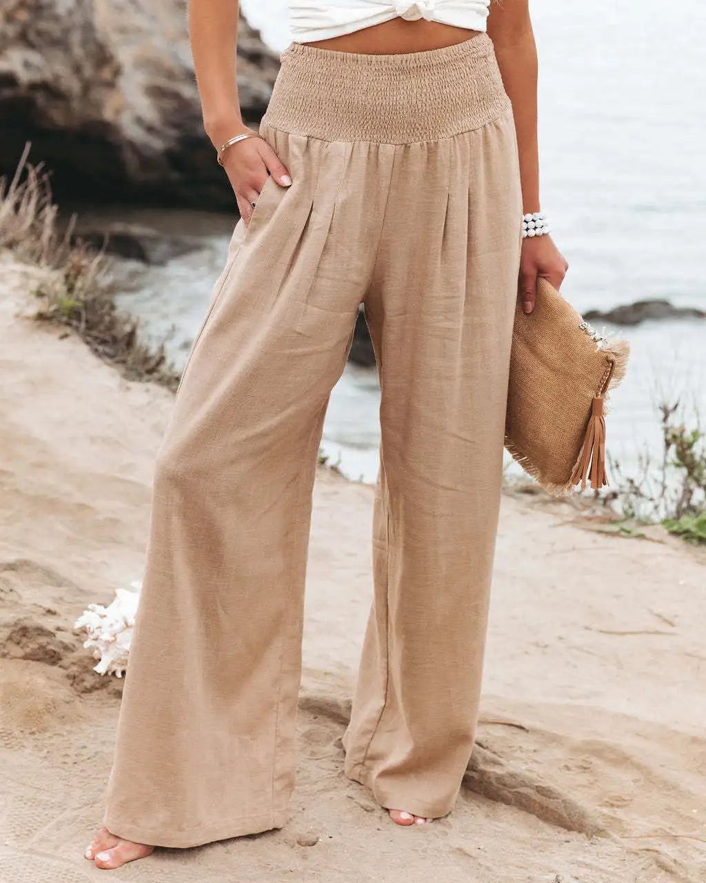 Women’s Wide-Leg Drawstring Pants – Casual Beachwear