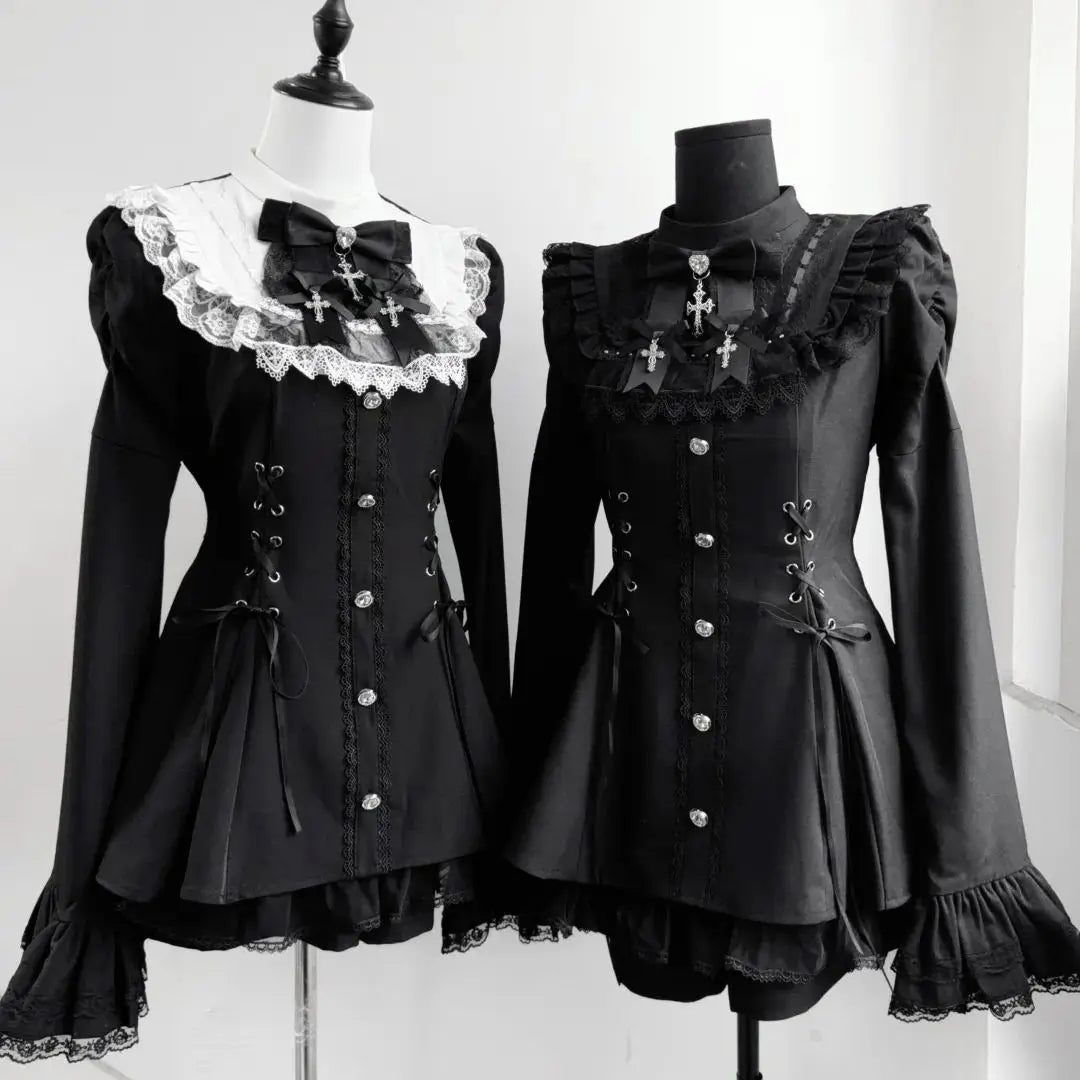 Y2K Gothic Lolita Bow Dress Set – Lace Flare Sleeve Mini Party Outfit