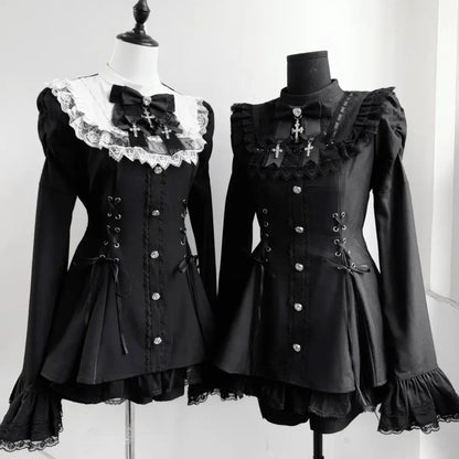 Y2K Gothic Lolita Bow Dress Set – Lace Flare Sleeve Mini Party Outfit