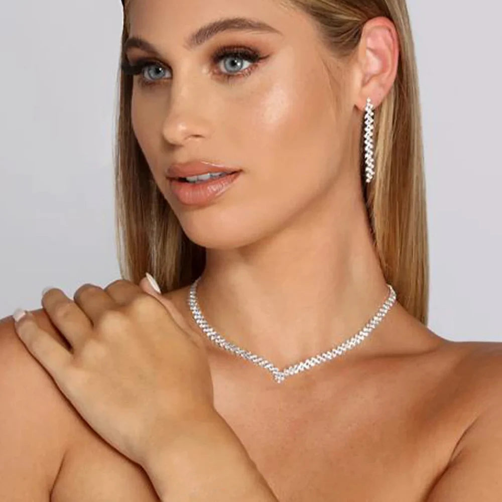 Charming Crystal Bridal Jewelry Set for Wedding V Shape Choker Necklace Earrings Sets Fashion Rhinestone Engagement Jewelry
