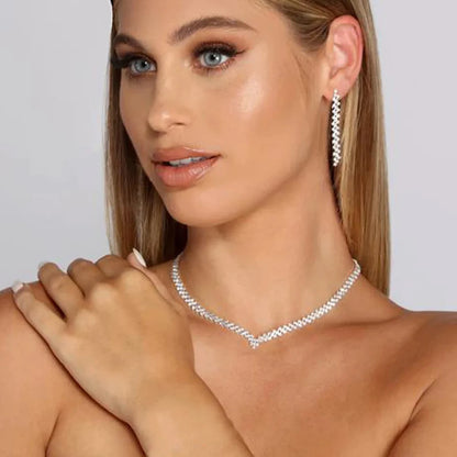 Charming Crystal Bridal Jewelry Set for Wedding V Shape Choker Necklace Earrings Sets Fashion Rhinestone Engagement Jewelry