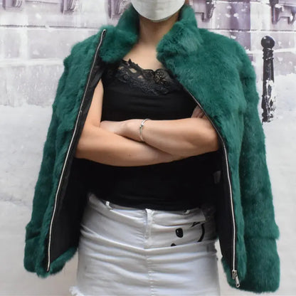 Women’s Black Rabbit Fur & Leather Winter Coat – Elegant Bolero Jacket