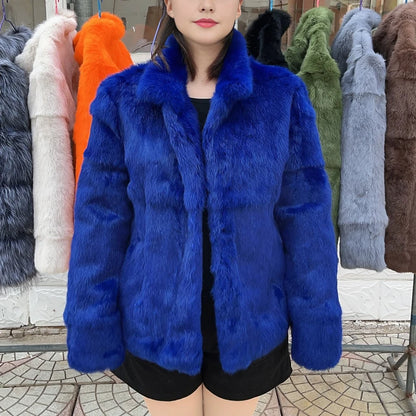 Women’s Black Rabbit Fur & Leather Winter Coat – Elegant Bolero Jacket