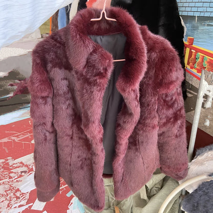 Women’s Black Rabbit Fur & Leather Winter Coat – Elegant Bolero Jacket