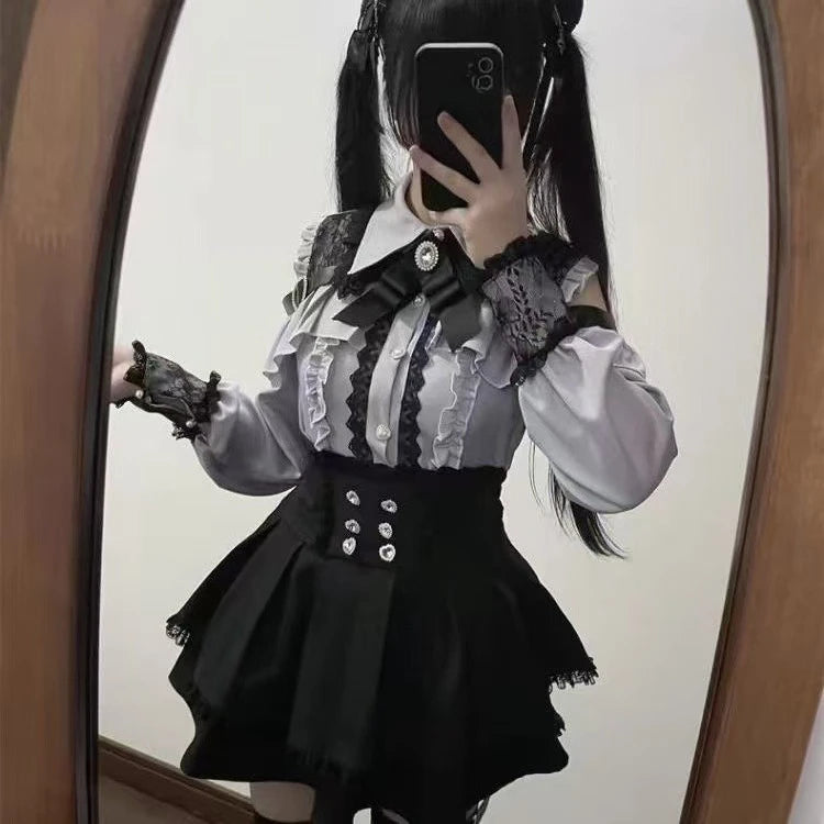 Y2K Gothic Lolita Bow Dress Set – Lace Flare Sleeve Mini Party Outfit