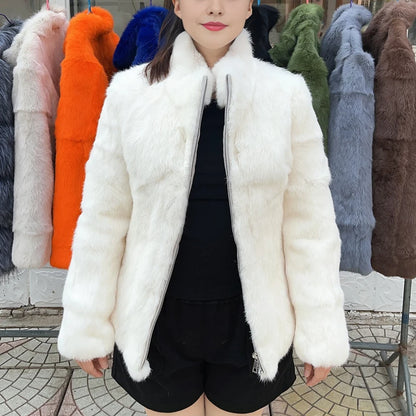 Women’s Black Rabbit Fur & Leather Winter Coat – Elegant Bolero Jacket