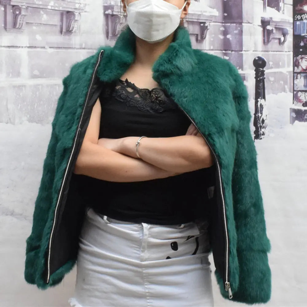 Women’s Black Rabbit Fur & Leather Winter Coat – Elegant Bolero Jacket