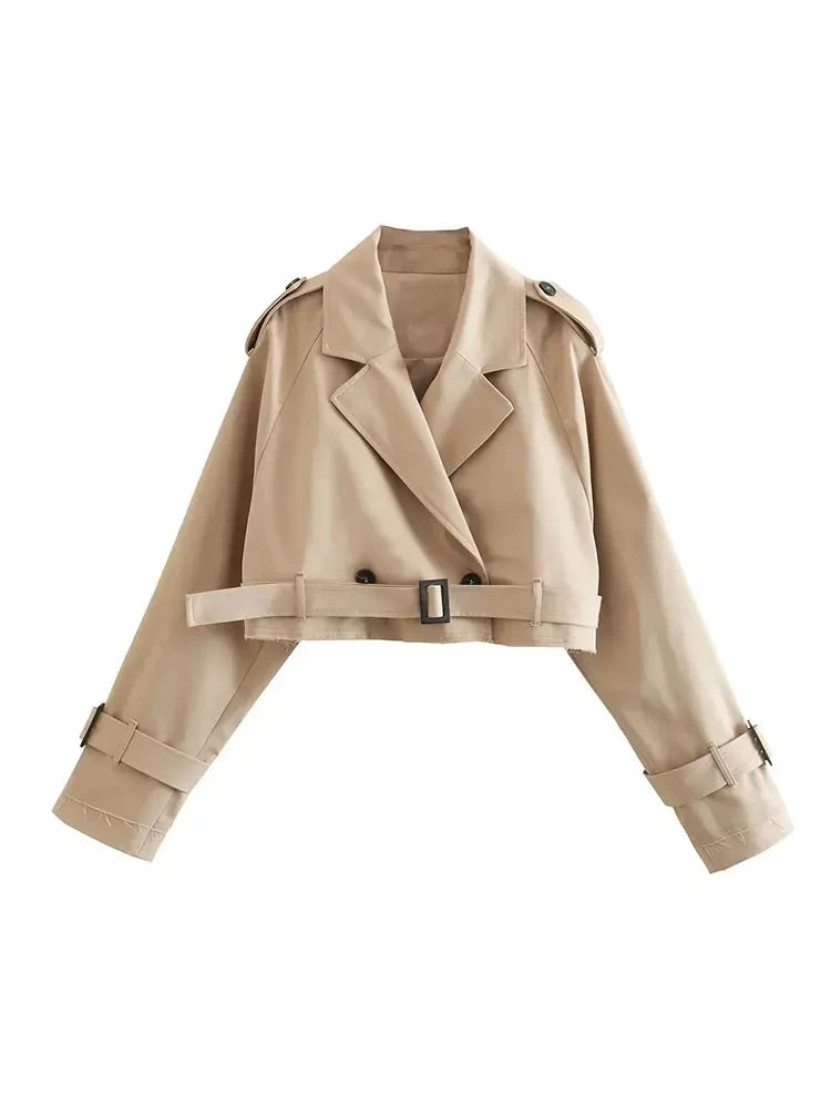 Belted Cropped Trench Jacket – Vintage Streetwear Double Breasted Coat