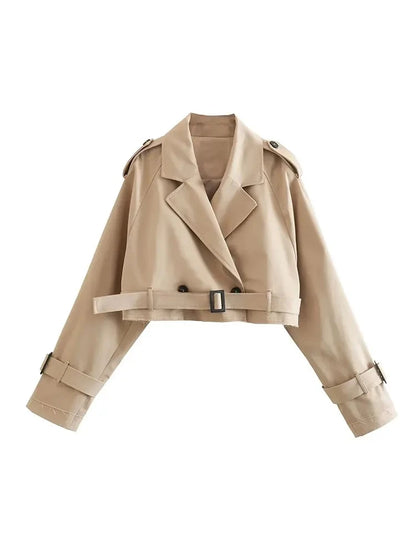 Belted Cropped Trench Jacket – Vintage Streetwear Double Breasted Coat