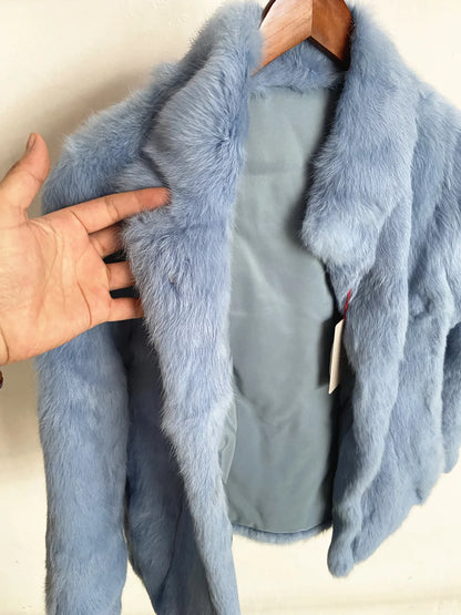 Women’s Black Rabbit Fur & Leather Winter Coat – Elegant Bolero Jacket
