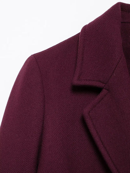 Women's Burgundy Wool Blend Double-Breasted Coat