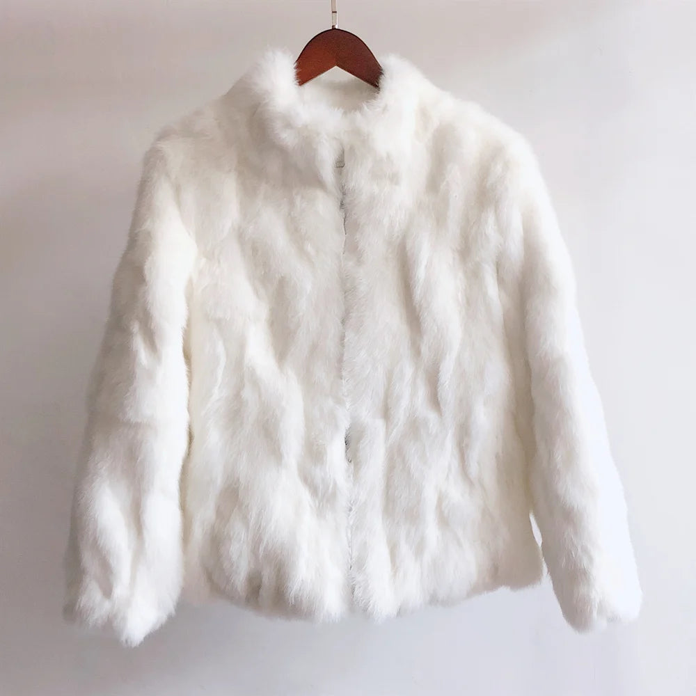 Women’s Black Rabbit Fur & Leather Winter Coat – Elegant Bolero Jacket