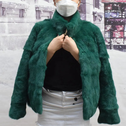 Women’s Black Rabbit Fur & Leather Winter Coat – Elegant Bolero Jacket