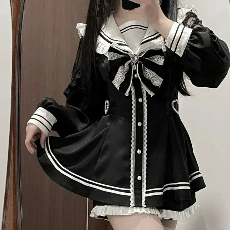 Y2K Gothic Lolita Bow Dress Set – Lace Flare Sleeve Mini Party Outfit