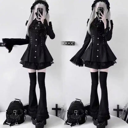 Y2K Gothic Lolita Bow Dress Set – Lace Flare Sleeve Mini Party Outfit