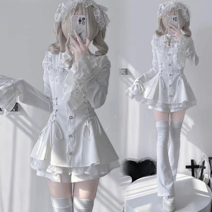 Y2K Gothic Lolita Bow Dress Set – Lace Flare Sleeve Mini Party Outfit