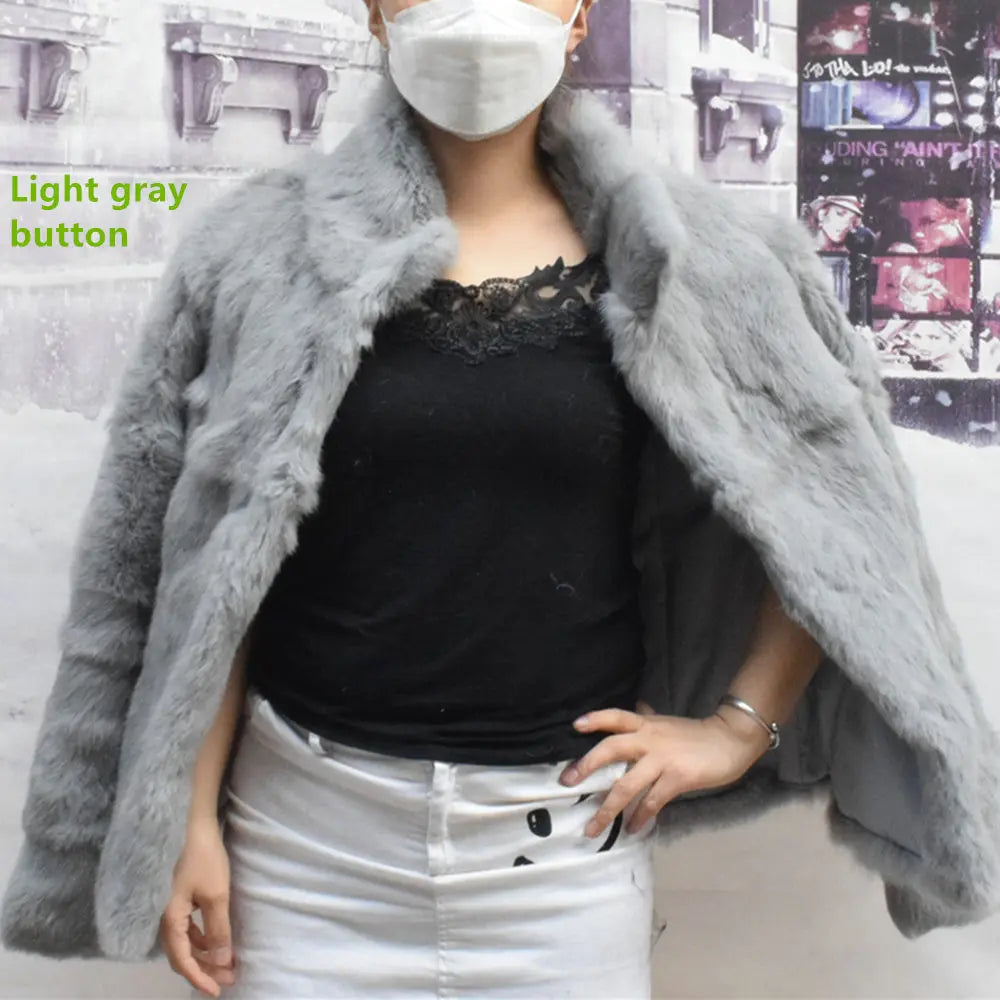 Women’s Black Rabbit Fur & Leather Winter Coat – Elegant Bolero Jacket