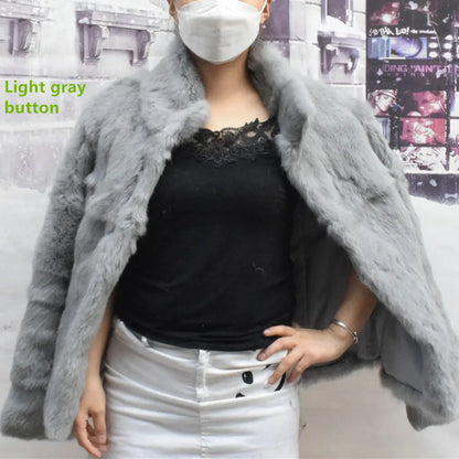 Women’s Black Rabbit Fur & Leather Winter Coat – Elegant Bolero Jacket