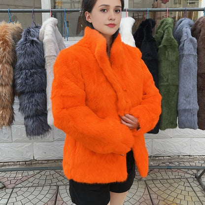Women’s Black Rabbit Fur & Leather Winter Coat – Elegant Bolero Jacket