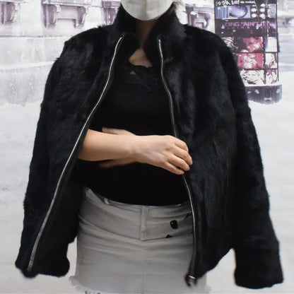 Women’s Black Rabbit Fur & Leather Winter Coat – Elegant Bolero Jacket