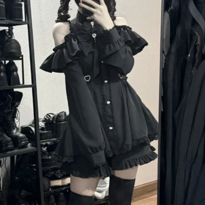Y2K Gothic Lolita Bow Dress Set – Lace Flare Sleeve Mini Party Outfit