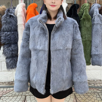 Women’s Black Rabbit Fur & Leather Winter Coat – Elegant Bolero Jacket