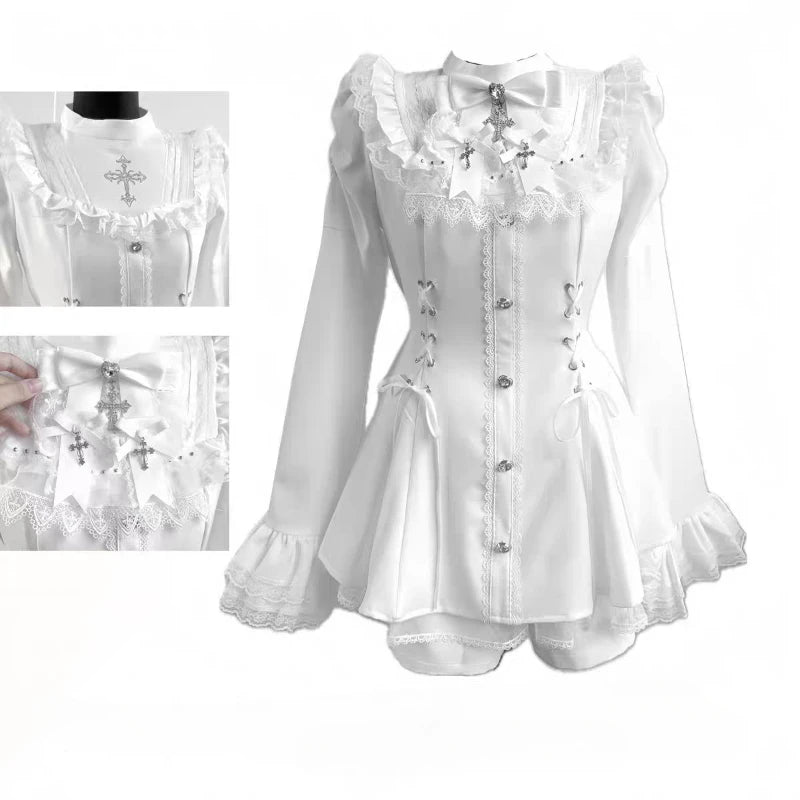 Y2K Gothic Lolita Bow Dress Set – Lace Flare Sleeve Mini Party Outfit
